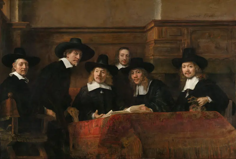The Sampling Officials of the Amsterdam Drapers’ Guild, Known as ‘The Syndics’ Wall Art by Rembrandt van Rijn - High-Resolution Digital Print