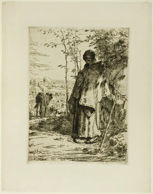 The Shepherdess Knitting Wall Art by Jean François Millet - High-Resolution Digital Print