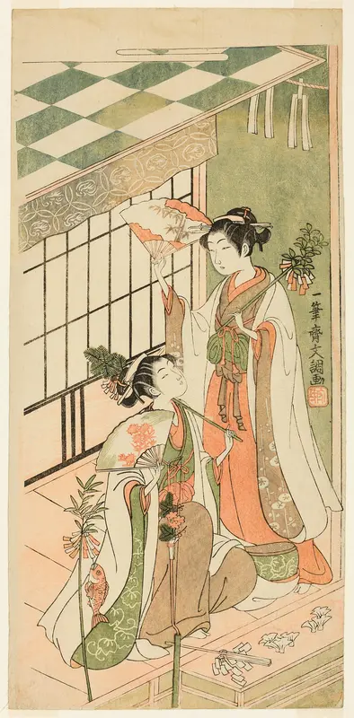 The Shrine Dancers (Miko) Ohatsu and Onami Wall Art by Ippitsusai Buncho - High-Resolution Digital Print