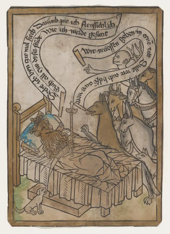 The Sick Lion Summons the Animals to His Bedside from the Sick Lion blockbook, 2nd edition Wall Art by Anonymous, German, Ulm or Basel, 15th century - High-Resolution Digital Print