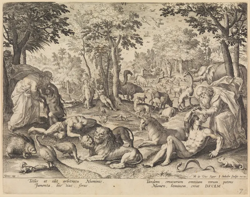The Sixth Day: The Creation of Animals, Adam and Eve, from "The Creation of the World" Wall Art by Johann Sadeler I - High-Resolution Digital Print