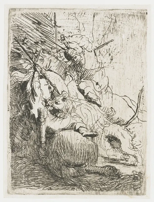 The Small Lion Hunt, with One Lion Wall Art by Rembrandt van Rijn - High-Resolution Digital Print
