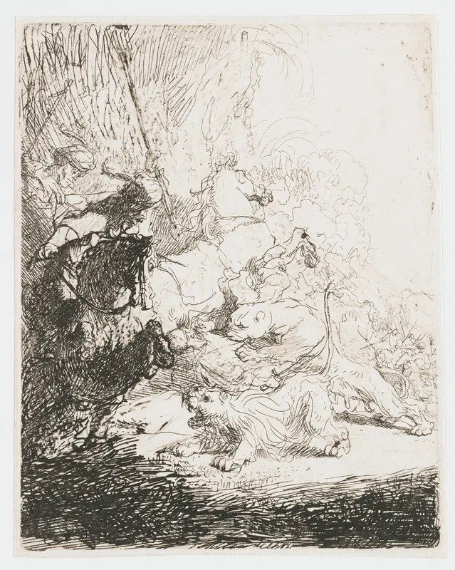 The small lion hunt (with two lions) Wall Art by Rembrandt van Rijn - High-Resolution Digital Print