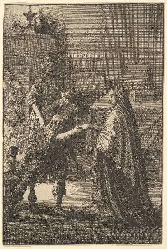 The soldier kissing the woman's hand (from John Ogilby, "Aesopics or a Second Colllection of Fables," 1668) Wall Art by Wenceslaus Hollar - High-Resolution Digital Print