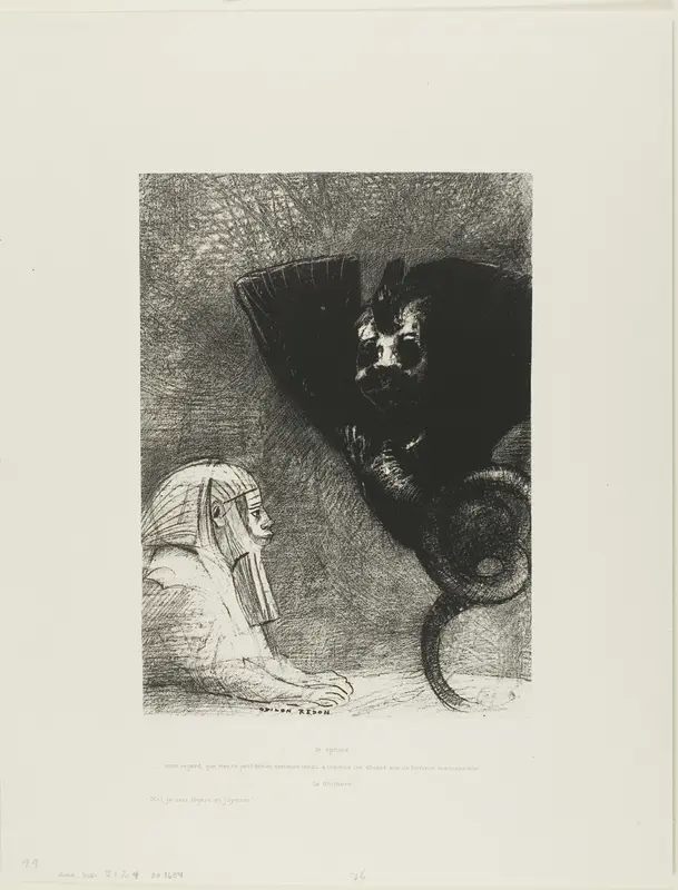 The Sphinx: "...my gaze that nothing can deflect, passing through objects, remains fixed on an inaccessible horizon." The Chimera: "As for me, I am light and joyful," plate 5 from To Gustave Flaubert