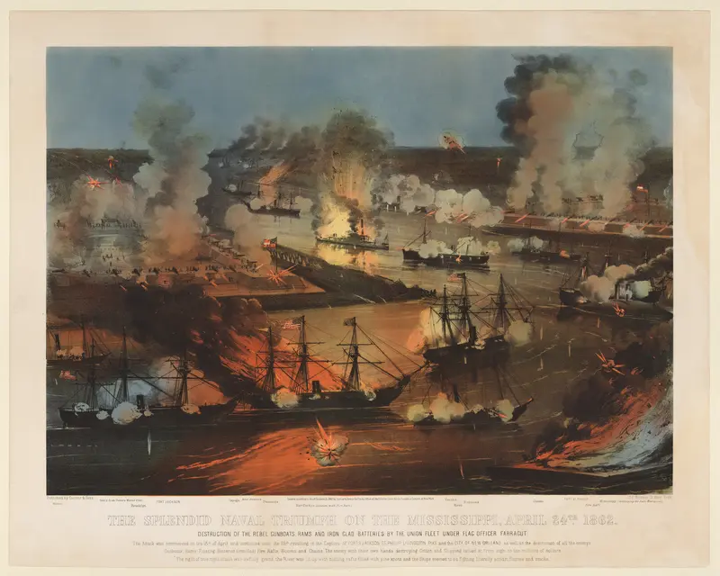The Splendid Naval Triumph on the Mississippi, April 24th, 1862: Destruction of the Rebel Gunboats, Rams, and Iron Clad Batteries by the Union Fleet under Flag Officer Farragut Wall Art by Currier & Ives - High-Resolution Digital Print