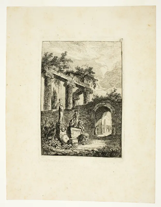 The Statue before the Ruins, plate three from Les Soirées de Rome Wall Art by Hubert Robert - High-Resolution Digital Print