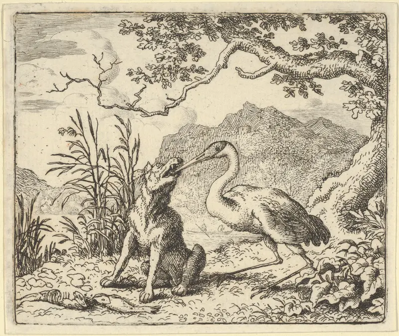 The Stork Removes a Bone from the Wolf's Throat from Hendrick van Alcmar's Renard The Fox Wall Art by Allart van Everdingen - High-Resolution Digital Print
