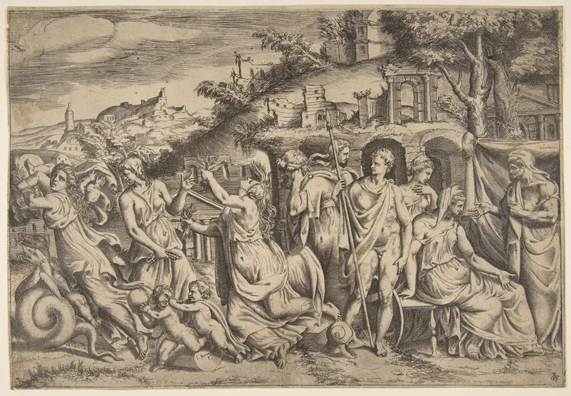 The story of Jason and Medea at the left she carries off her son, in the middle she is shown in her madness, Jason stands at the right Wall Art by Giulio Bonasone - High-Resolution Digital Print