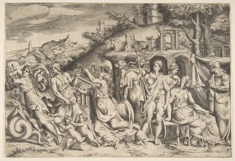 The story of Jason and Medea: at the left she carries off her son, in the middle she is shown in her madness, Jason stands at the right Wall Art by Giulio Bonasone - High-Resolution Digital Print