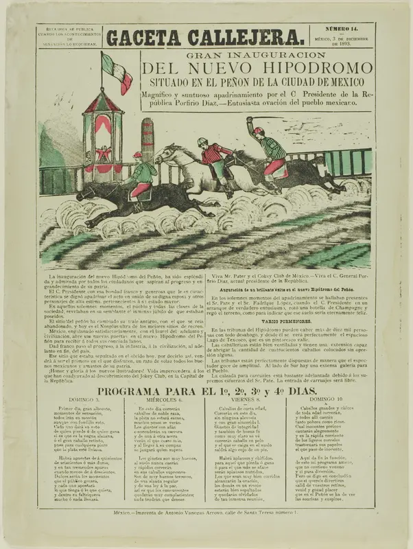 The Street Gazette: Grand Inauguration of the New Racetrack Situated on Peñón Hill in Mexico City Wall Art by José Guadalupe Posada - High-Resolution Digital Print