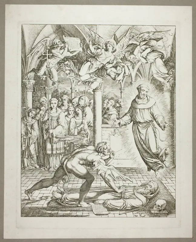 The Struggle Between the Devil and St Francis of Assisi for the Soul of Guido da Montefeltro, plate three from Darstellungen aus Dante's Hölle Wall Art by Joseph Anton Koch - High-Resolution Digital Print