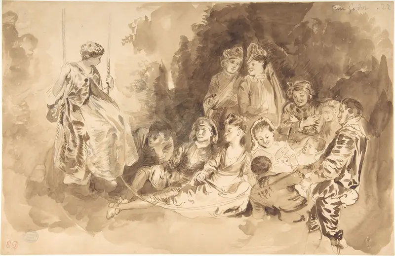 "The Swing," after Antoine Watteau (Les Agréements de l'été) Wall Art by Eugène Delacroix - High-Resolution Digital Print
