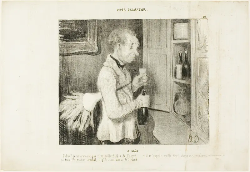 The Taste. “Wow! I am not surprised any more why this fellow is so spirited... and he calls me an old beast! Let me have one of these every morning, and I will be full of spirit too,” plate 40 from Types Parisiens