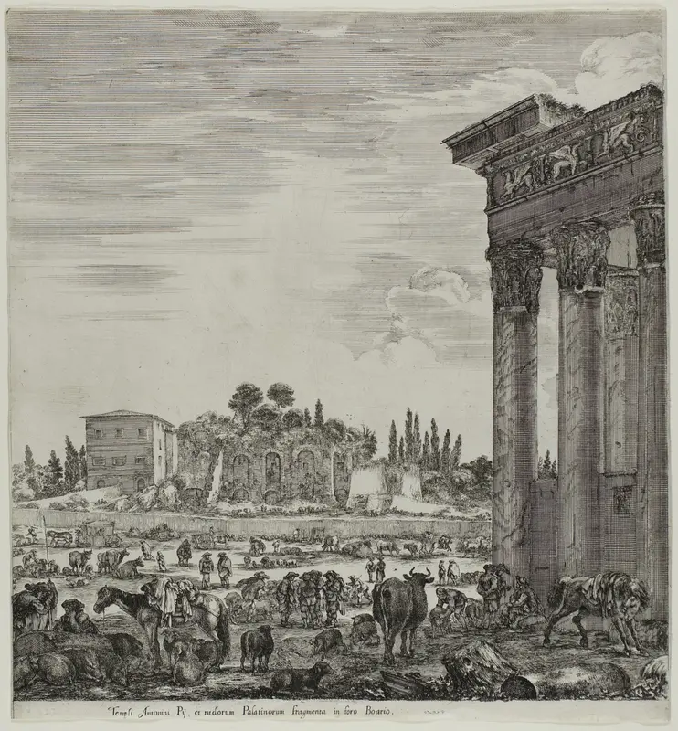 The Temple of Antonin and the Campo Vaccino Wall Art by Stefano della Bella - High-Resolution Digital Print