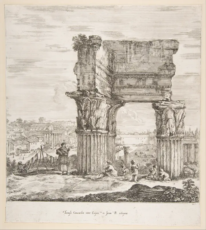 The Temple of Vespasian and the Roman Forum, from "Six large views, four of Rome, and two of the Roman countryside" (Six grandes vues, dont quatre de Rome et deux de la Campagne romaine) Wall Art by Stefano della Bella - High-Resolution Digital Print