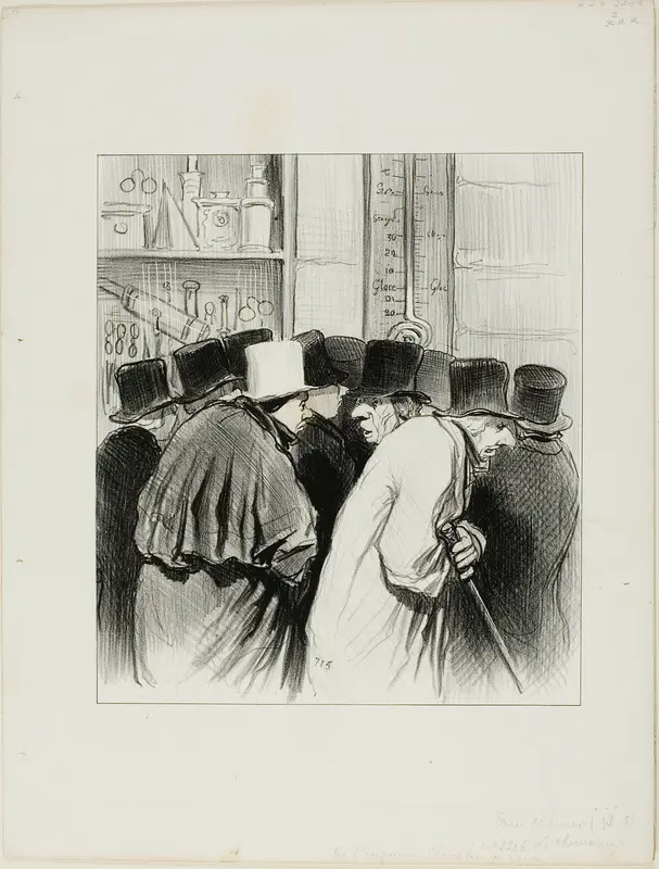 "The thermometer of the engineer Chevalier was right... at 10 degrees the large rivers as well as the noses have cought a cold... just imagine that it might take three weeks for my nose to thaw!...," plate 5 from Paris L'hiver