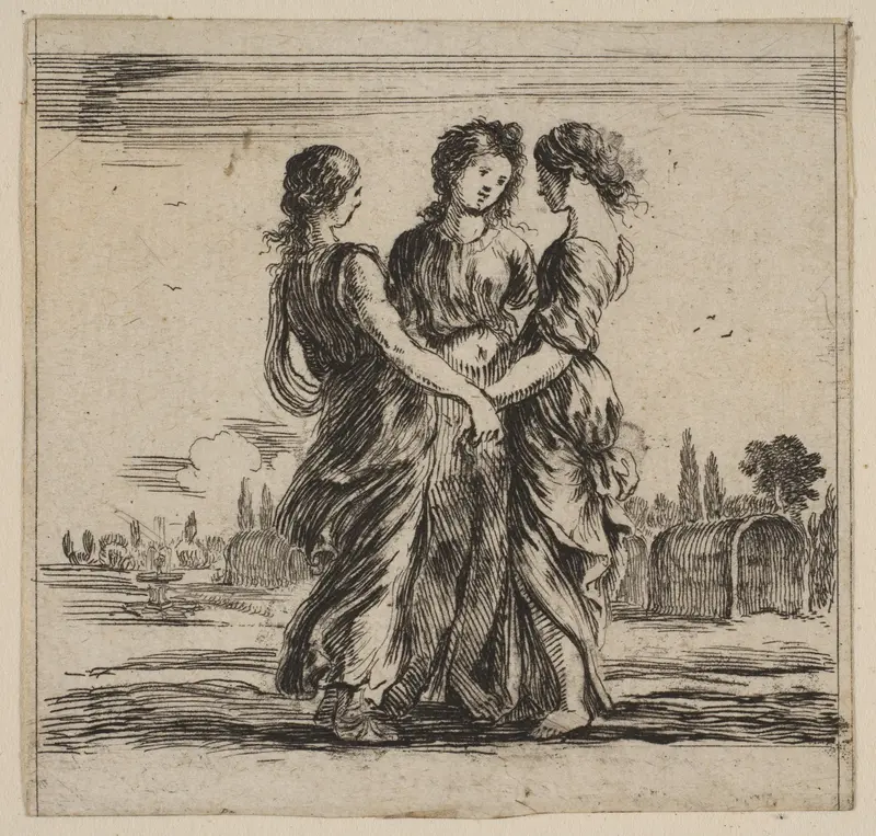 The three graces, from 'Game of Mythology' (Jeu de la Mythologie) Wall Art by Stefano della Bella - High-Resolution Digital Print