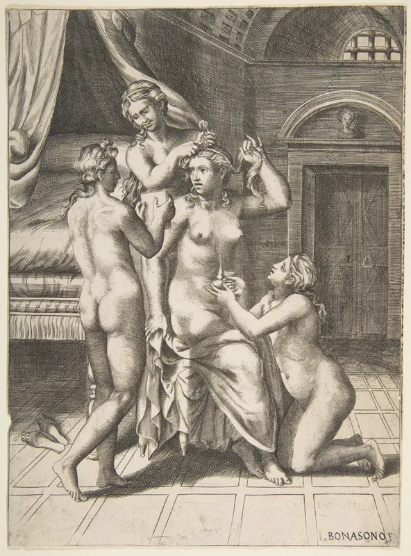The toilet of Psyche who is seated in the centre being attended to Wall Art by Giulio Bonasone - High-Resolution Digital Print