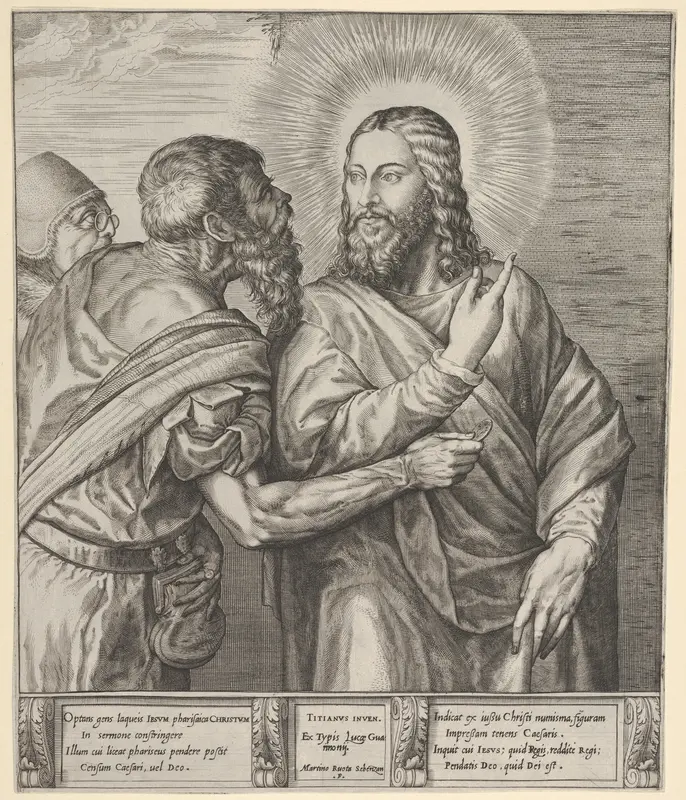 The Tribute Money: two Pharisees, one holding out a coin in his right hand, approach Christ from the left Wall Art by Martino Rota - High-Resolution Digital Print