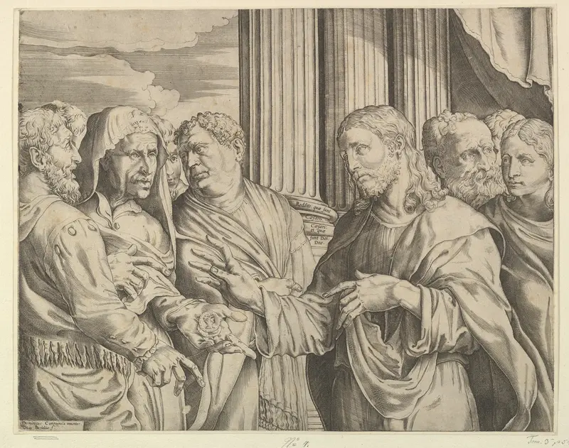 The Triubute Money: Christ at center right gesturing to man at his left with coins in his hand, other figures surrounding them; columns and drapery in the background Wall Art by Domenico Campagnola - High-Resolution Digital Print