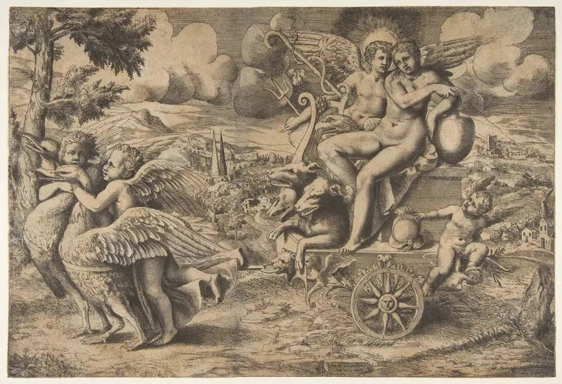 The triumph of Cupid and Psyche who are seated on a chariot drawn by two birds restrained by children Wall Art by Giulio Bonasone - High-Resolution Digital Print