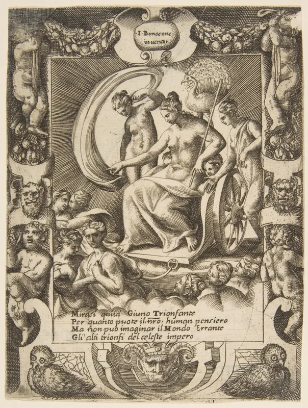 The triumph of Juno who is sat in a carriage, set within a elaborate frame, from "Loves, Rages and Jealousies of Juno" Wall Art by Giulio Bonasone - High-Resolution Digital Print