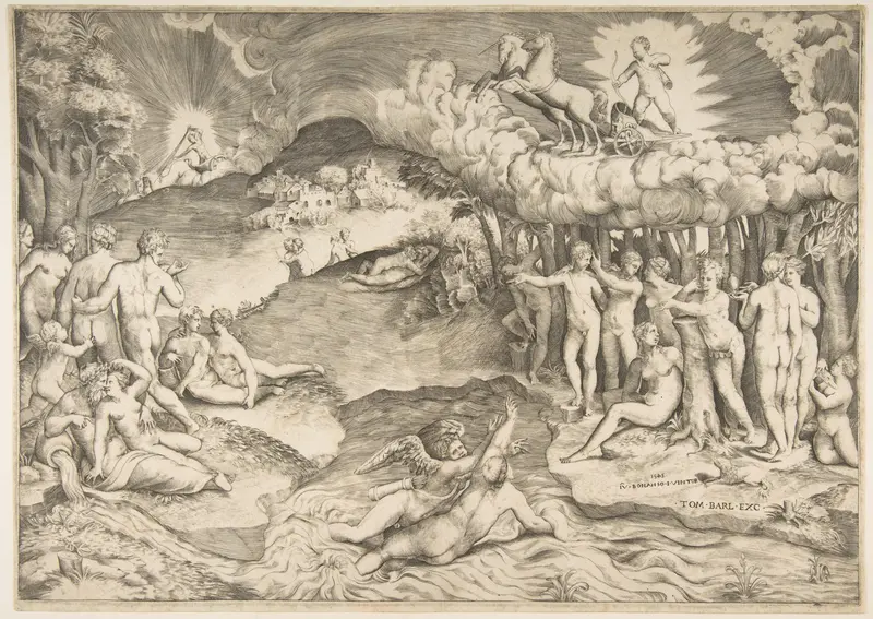 The triumph of love, cupid riding a chariot drawn by unicorn is in the upper right, naked figures fill the composition Wall Art by Giulio Bonasone - High-Resolution Digital Print