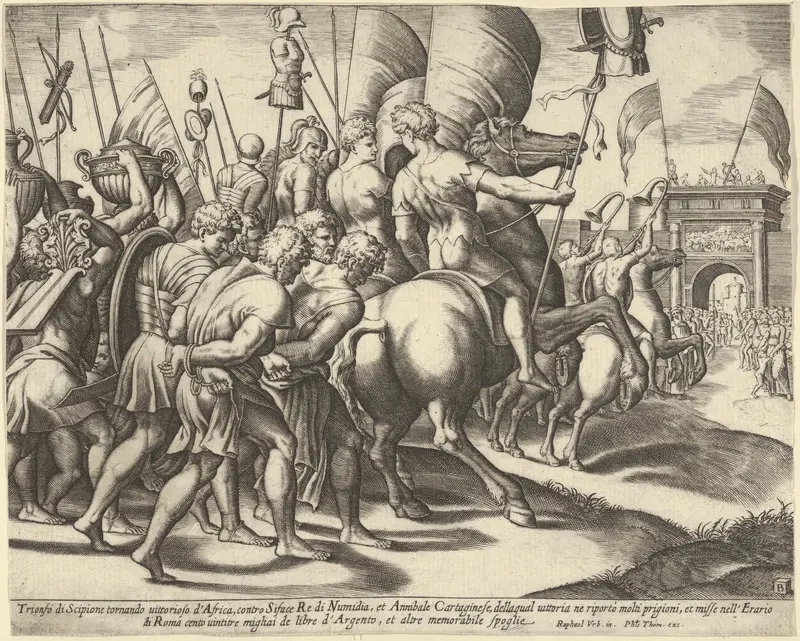 The Triumph of Scipio who rides on a horse followed by captured slaves Wall Art by Master of the Die - High-Resolution Digital Print