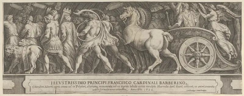 The Triumph of Two Roman Emperors (left-hand side) with a Roman Emperor riding in a triumphal chariot Wall Art by Cherubino Alberti (Zaccaria Mattia) - High-Resolution Digital Print