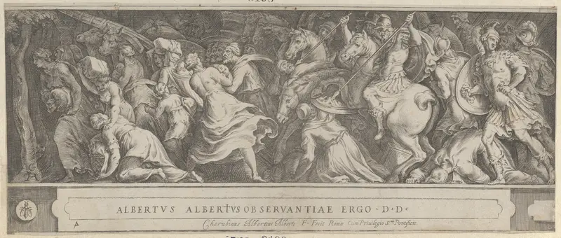 The Triumph of Two Roman Emperors (left-hand side) with soldiers on horseback and men, women, and children fleeing Wall Art by Cherubino Alberti (Zaccaria Mattia) - High-Resolution Digital Print