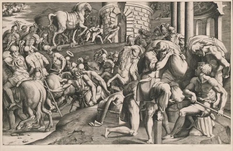 The Trojans pulling the wooden horse into the city Wall Art by Giulio Bonasone - High-Resolution Digital Print