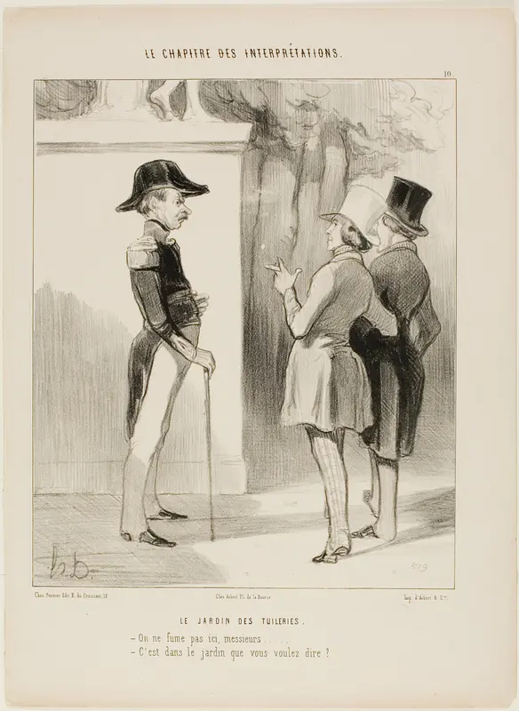 The Tuileries Gardens. “- No smoking here, Sir! - You mean in the garden?,” plate 10 from Le Chapitre Des Interprétations