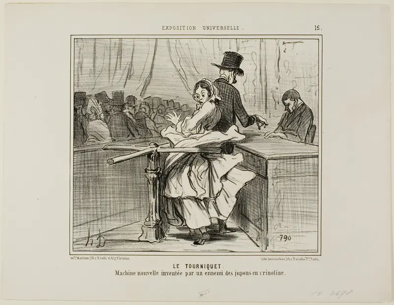 The Turnstile. A new machine invented by the enemy of crinoline petticoats, plate 15 from L'exposition Universelle