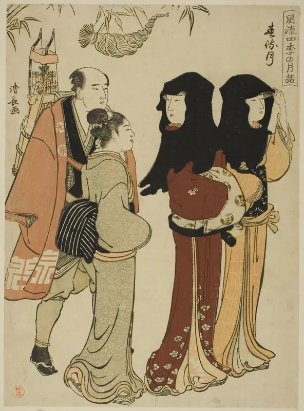 The Twelfth Month (Harumachizuki), from the series "Fashionable Monthly Visits to Sacred Places in the Four Seasons (Furyu shiki no tsuki mode)" Wall Art by Torii Kiyonaga - High-Resolution Digital Print