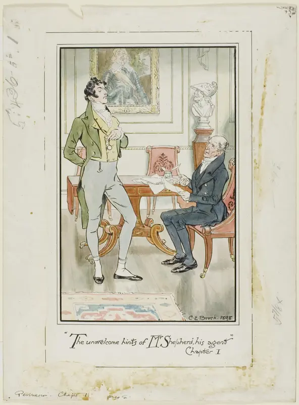 "'The unwelcome hints of Mr. Shepherd, his Agent,' Chapter I" frontispiece for Jane Austen's Persuasion Wall Art by Charles Edmund Brock - High-Resolution Digital Print
