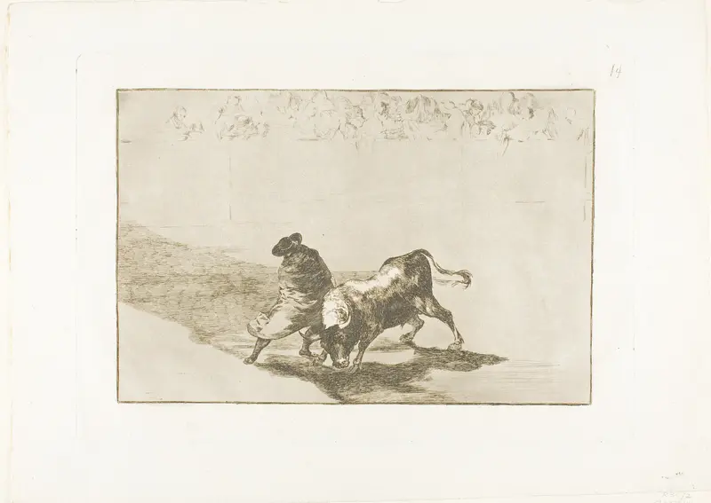 The Very Skilful Student of Falces, Wrapped in his Cape, Tricks the Bull with the Play of his Body, plate 14 from The Art of Bullfighting