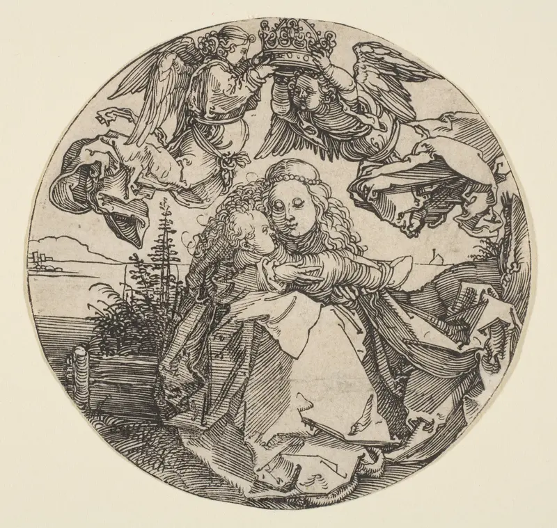 The Virgin and Child Crowned by Two Angels above a Landscape Wall Art by Albrecht Dürer - High-Resolution Digital Print