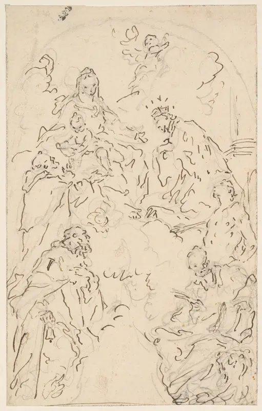 The Virgin and Child Enthroned on a Cloud, with Saints Dominic, John Nepomuk, Sebastian, Mark, and Anthony Abbot Wall Art by Giuseppe Diziani - High-Resolution Digital Print