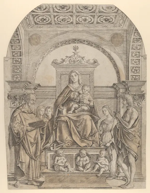 The Virgin and Child enthroned surrounded by saints and angels Wall Art by Girolamo Mocetto - High-Resolution Digital Print