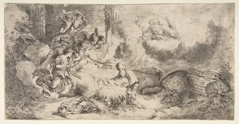 The Virgin and Child, God the father upper right, angels at left Wall Art by Giovanni Benedetto Castiglione (Il Grechetto) - High-Resolution Digital Print