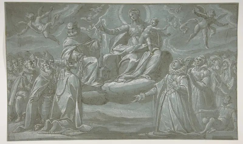 The Virgin and Child, Saint Dominic, and Angels Distributing Chaplets to the Faithful Wall Art by Giovanni Mauro della Rovere - High-Resolution Digital Print