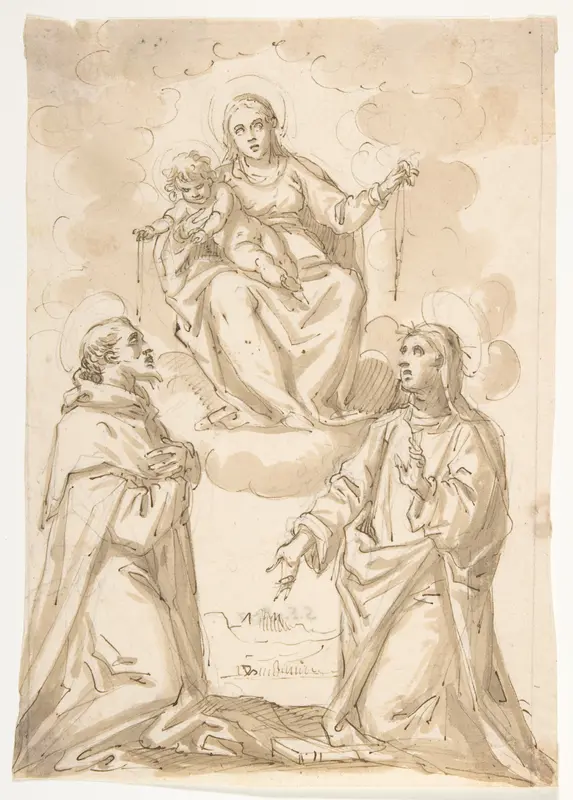 The Virgin and Child with Chaplets Appearing to Saint Dominic and Saint Catherine of Siena Wall Art by Pietro Mera ("Il Fiammingo") - High-Resolution Digital Print