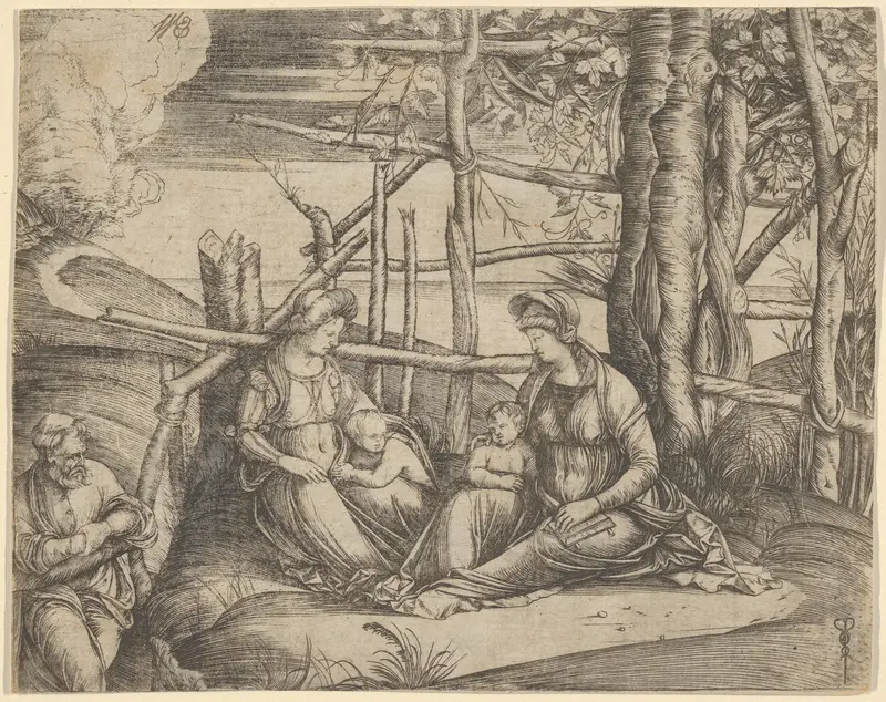 The Virgin and Child with Saint Elizabeth and John the Baptist in a landscape, St Joseph at the left Wall Art by Jacopo de' Barbari - High-Resolution Digital Print