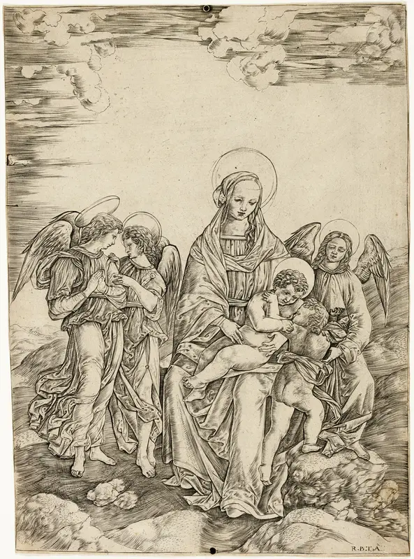 The Virgin and Child with Saint John and Three Angels Wall Art by Cristofano Robetta - High-Resolution Digital Print