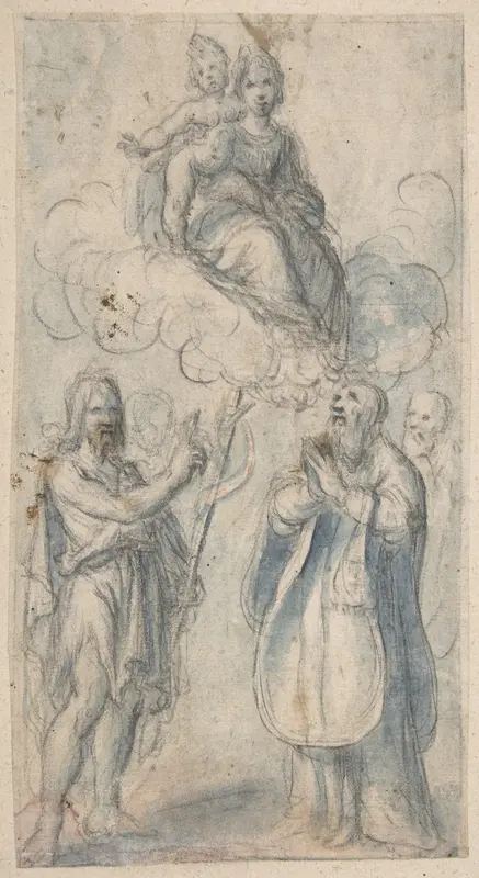 The Virgin and Child with Saint John the Baptist, Pope Saint Dionysius, Filippo Neri and a Male Saint Wall Art by Baccio (Lorenzo Bartolo) Ciarpi - High-Resolution Digital Print