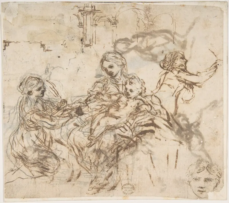 The Virgin and Child with Saint Martina, Another Study of Saint Martina, Studies of a Head, and of an Arcade (recto); Figure Studies (verso) Wall Art by Pietro da Cortona (Pietro Berrettini) - High-Resolution Digital Print