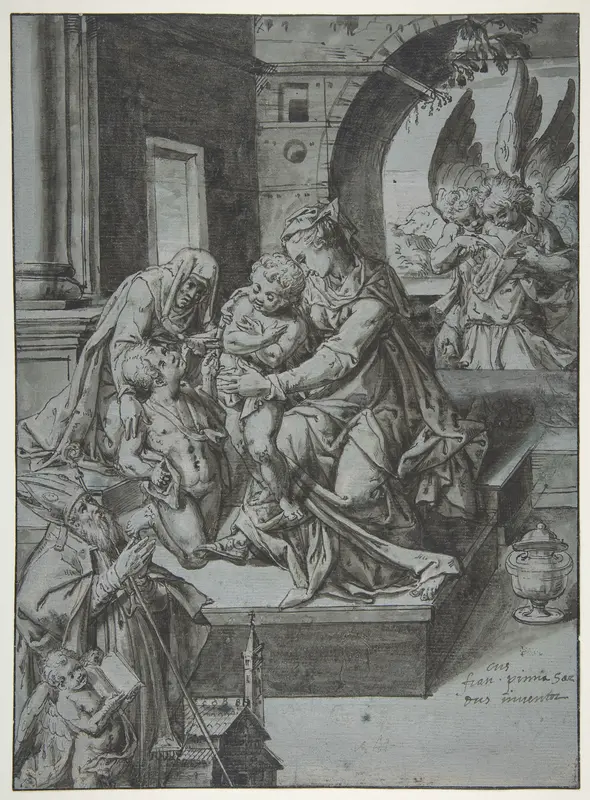 The Virgin and Child with the Infant Baptist, Saint Elizabeth, a Kneeling Prelate, and Three Attendant Angels Wall Art by Francesco Pinna - High-Resolution Digital Print