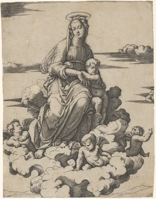 The Virgin and the Christ Child seated on clouds