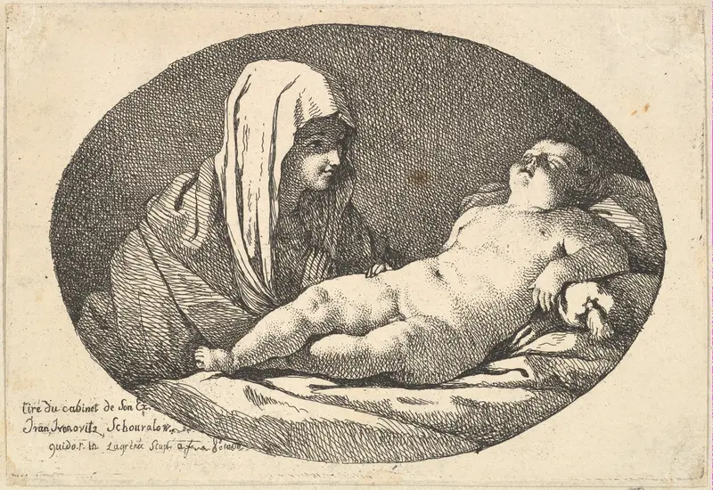 The Virgin at left watching the infant Christ as he sleeps, an oval composition, after Reni Wall Art by Jean Jacques Lagrenée - High-Resolution Digital Print